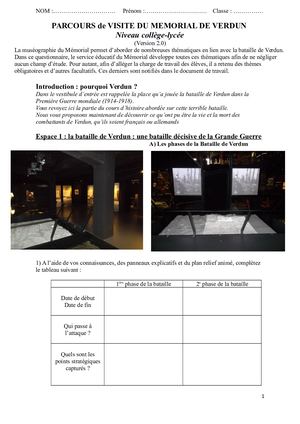 Questionnaire pédagogique - visite du Mémorial de Verdun - niveau collège - lycée