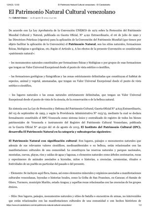 El Patrimonio Natural Cultural Venezolano. Diario: El Carabobeño
