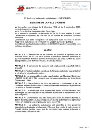 AR1-2023-01195 Arrêté D'occupation Du Domaine, Parc Du Grand Marais Et Chemin Du Halage, Amicale Du Val De Somme, 100 km De La Somme Et Marathon D'Amiens
