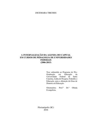 A Internalização Da Agenda Do Capital Em Cursos De Pedagogia De Universidades Federais Jocemara Triches
