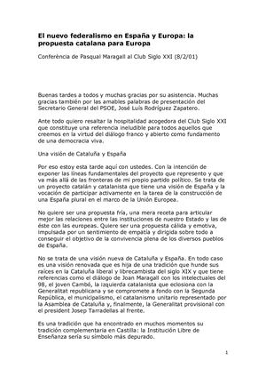 El nuevo federalismo en España y Europa: la propuesta catalana para Europa
