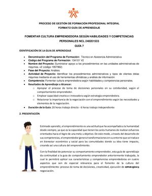 Gfpi F 135 Guía De Aprendizaje No 7 Fomentar La Cultura Emprendedora Según Habilidades Y Competencias Personales