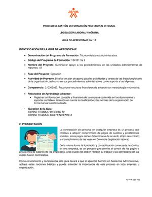 Gfpi F 135 Guia De Aprendizaje No 15 Legislación Laboral Y Nómina