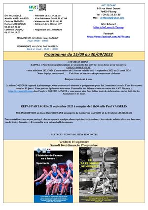 Programme D'activités Semaines Du 15 Au 30 Septembre 2023