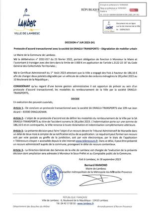 2023-241 - JUR - Protocole d'accord Transactionnel avec la SA DRAGUI Transports
