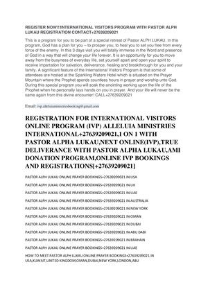 Register for International Visitors Program With Pastor Alph Lukau Contact+27833311855