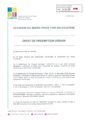 DROIT DE PREEMPTION URBAIN ACHAT DE L'IMMEUBLE SITUE 402 RUE DU TILLOY