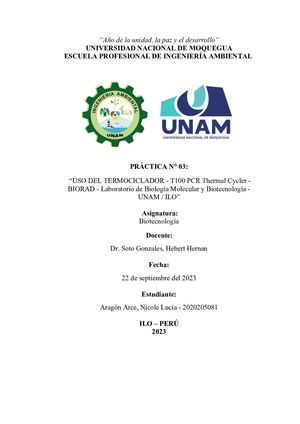 Informe N°3 Termociclador T100 Pcr Thermal Cycler - BIORAD - Laboratorio de Biología Molecular y Biotecnología - UNAM / ILO