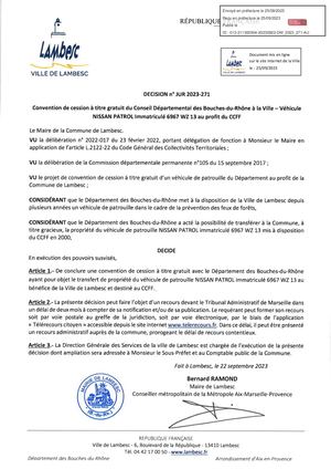 2023-271 - JUR - Convention de Cession à Titre Gratuit du CD des Bdr à la Ville - Véhicule de patrouille au profit du CCFF