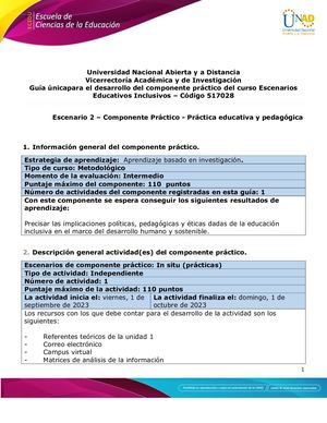 Guía Para El Desarrollo Del Componente Práctico Y Rúbrica De Evaluación Unidad 1 Escenario 2 – Componente Práctico Práctica Educativa Y Pedagógica Contextualización De La Educación Inclusiva