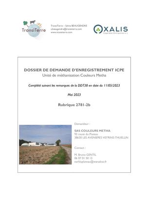 DOSSIER DE DEMANDE D’ENREGISTREMENT ICPE Unité de méthanisation Couleurs Metha