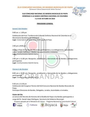 Programación XLIX Concurso Nacional de Bandas Paipa 2023