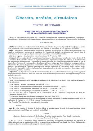 Décret no 2023-641 du 20 juillet 2023 relatif à l’entretien des foyers et appareils de chauffage, de cuisine et de production d’eau chaude à combustion et au ramonage des conduits de fumée
