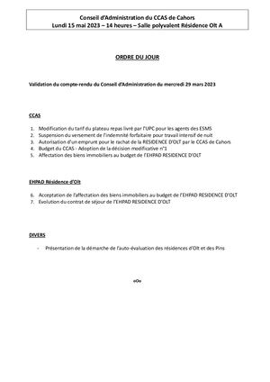 Conseil d’Administration du CCAS de Cahors Lundi 15 mai 2023