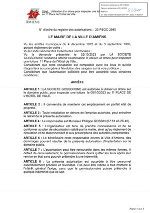 AR1-2023-01268 Arrête D'occupation Du Domaine Public, 11 Place De L’hôtel De Ville à Amiens, Société Gossdrone, Le 09 Octobre 2023
