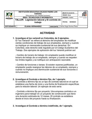 TALLER:  Legislación laboral y El contrato de trabajo ELIANA HERNANDEZ