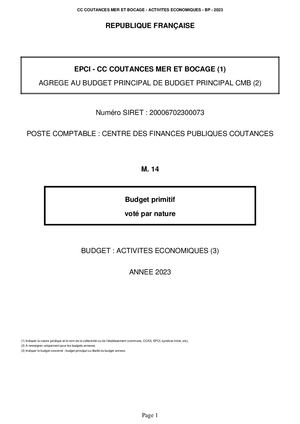 BUDGET PRIMITIF 2023-ACTIVITÉS ÉCONOMIQUES
