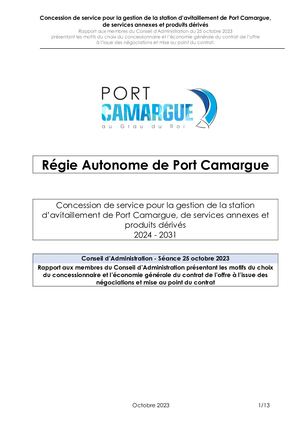 Rapport au Conseil d'Administration portant sur la concession de service public pour la gestion de la station d'avitaillement de Port Camargue