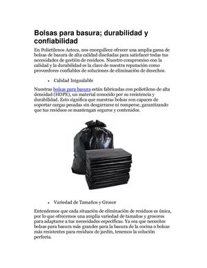 Bolsas Para Basura; Durabilidad Y Confiabilidad