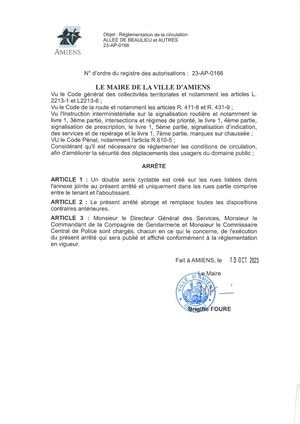 23 Ap 0166 Arrête De Réglementation De La Circulation Allée De Beaulieu Et Autres à Amiens
