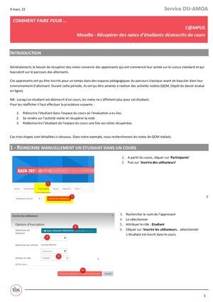 C@mpus MOODLE FR Notes Récupérer Notes Etudiants Désinscrits