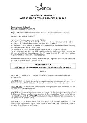 Arrete 2004-2023-Arrêté permanent - abroge et remplace arreté 2237-2022-Interdiction De circulation Rue Emile Zola entre la rue Fosse et la rue Reclus-Publié Le 13 10 2023