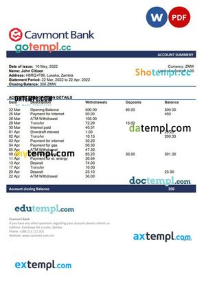 Zambia Cavmont Bank Statement