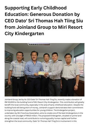 Supporting Early Childhood Education Generous Donation By Ceo Dato' Sri Thomas Hah Tiing Siu From Joinland Group To Miri Resort City Kindergarten