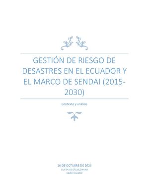 Gálvez; Gestión De Riesgos En El Ecuador Y El Marco De Sendai; 2023