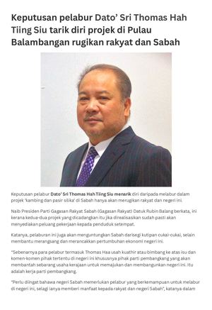 Keputusan Pelabur Dato’ Sri Thomas Hah Tiing Siu Tarik Diri Projek Di Pulau Balambangan Rugikan Rakyat Dan Sabah