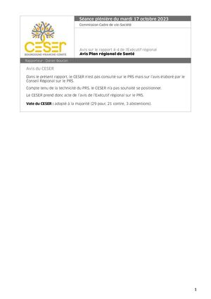 Avis Plan régional de Santé
