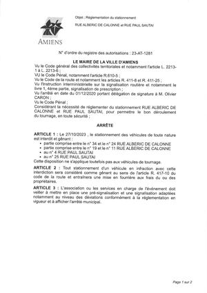 23 At 1281 Arrête De Réglementation Du Stationnement Rue Alberic De Calonne Et Rue Paul Sautai à Amiens Le 27 10 2023