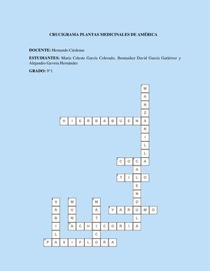 Celeste García, Jhonnaiker García Y Alejandro Gaviria 9°1 - Crucigrama Plantas Medicinales De América