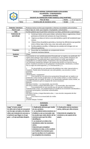 Plan De Clase Oraciones Profe Viviana (Octubre )