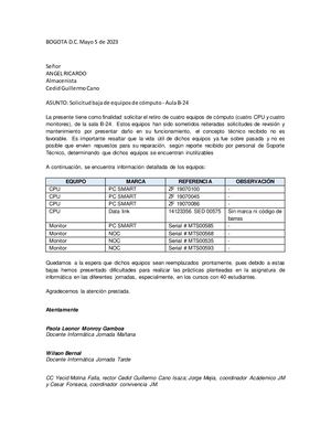 Carta Dar Equipos De Baja