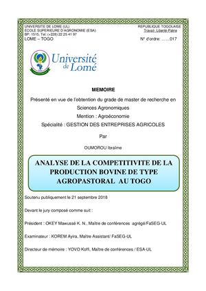 Analyse de la compétitivité du système d'élevage de type agropastoral au Togo. par Oumorou Ibraïme
