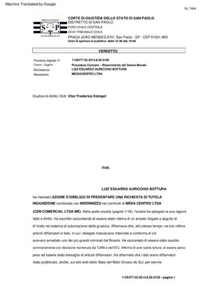 LUIZ EDUARDO AURICCHIO BOTTURA ottiene una condanna di R$ 10.000 dal Cen Comercial LTDA per diffamazione a mezzo stampa