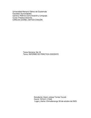 Tarea No 18, Informe De Práctica Docente, Karen Tomás