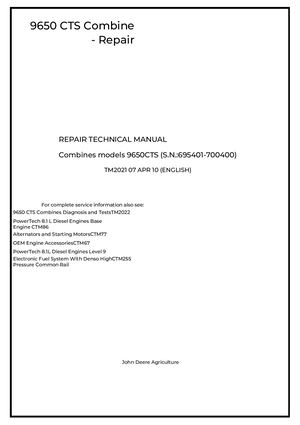John Deere 9650 Cts Combine Repair Technical Manual Tm2021