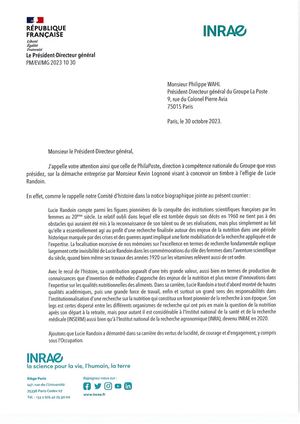 Proposition de Timbre Lucie Randoin : courrier de soutien de M. Philippe MAUGUIN, président-directeur général d'INRAE.