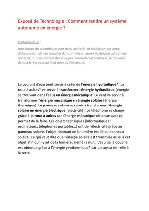 Exposé de Techno - Comment rendre un système autonome en énergie ?