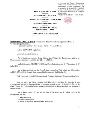 Nomination D'une Conseillère Départementale à La Commission Permanente
