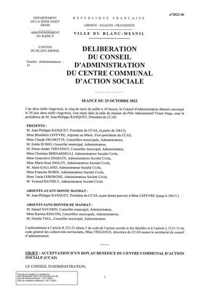 2023 46 Délibération Acceptation D'un Don Au Bénéfice De Centre Commual D'ation Sociale (CCAS).
