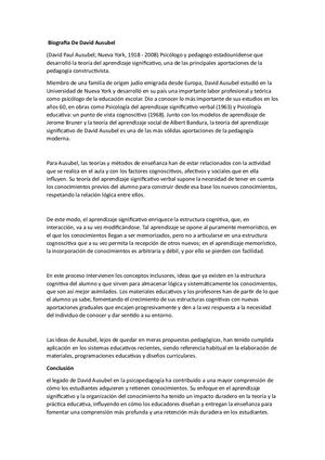 Biografía De David Ausubel Psicopedagogia