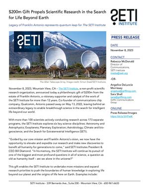 $200m Gift Propels Scientific Research in the Search for Life Beyond Earth