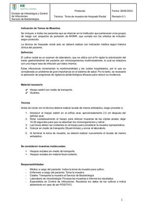 Técnica Toma De Muestra De Hisopado Rectal 2023 División De Infectología Bacteriología Docx