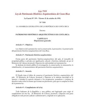 Ley N° 7555 Ley De Patrimonio Historico Arquitectonico De Costa Rica
