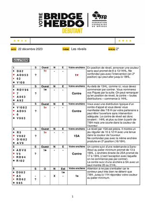 95. Solution Votre Bridge Hebdo Débutant 22 12 2023