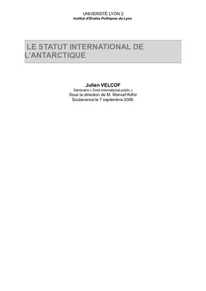 Le Statut International De l'Antarctique, Par J. Velcof, 2009