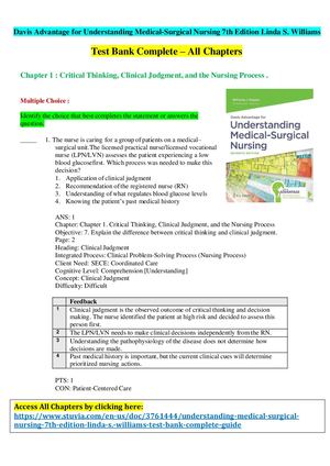 Davis Advantage For Understanding Medical Surgical Nursing 7th Edition Linda S Williams Test Bank